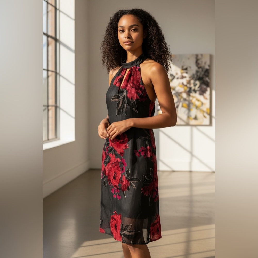 As U Wish Black & Red Floral Velvet Burnout Maxi Dress XXS